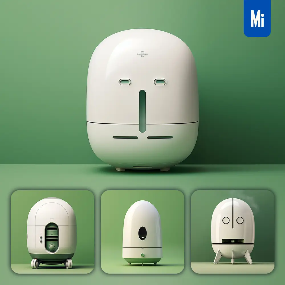 Midjourney Prompt White Humidifier Green Retro Industrial Product Functional Design 3D Rendering Photography