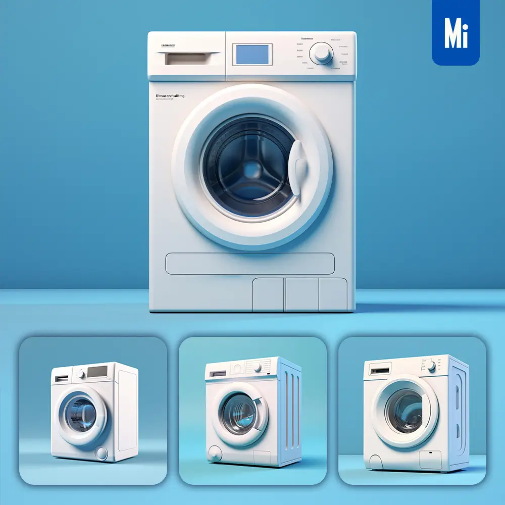 Midjourney Prompt White Washing Machine Blue Retro Industrial Product Functional Design 3D Rendering Photography