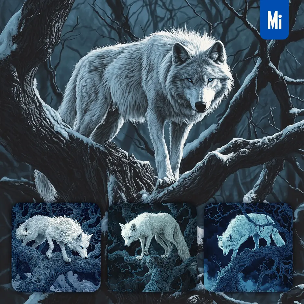 Midjourney Prompt White Wolf Night Dark Tree Trunk Comic Illustration