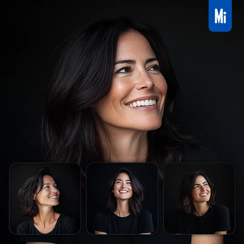 Midjourney Prompt White Woman Girl Black Shirt Smiling Smile Looking Black Portrait Photography