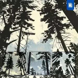Midjourney Prompt Winter Pine Tree Sky Sunshine Cloud Woodcut Print Woodblock