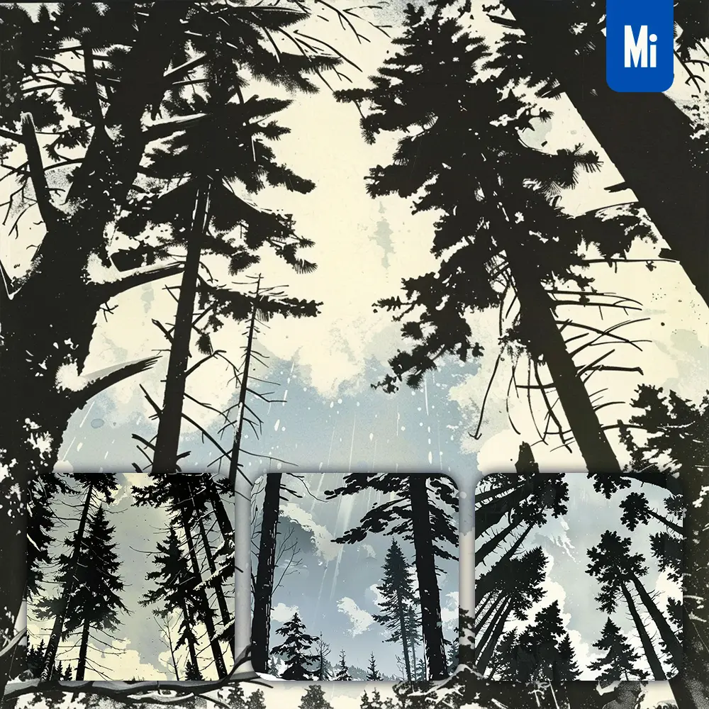 Midjourney Prompt Winter Pine Tree Sky Sunshine Cloud Woodcut Print Woodblock