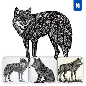 Midjourney Prompt Wolf Animal Woodcut Print Black and White Illustration
