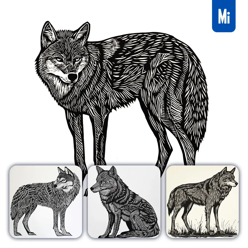 Midjourney Prompt Wolf Animal Woodcut Print Black and White Illustration