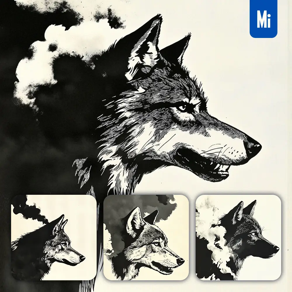 Midjourney Prompt Wolf Head Black and White Woodcut Print Woodblock
