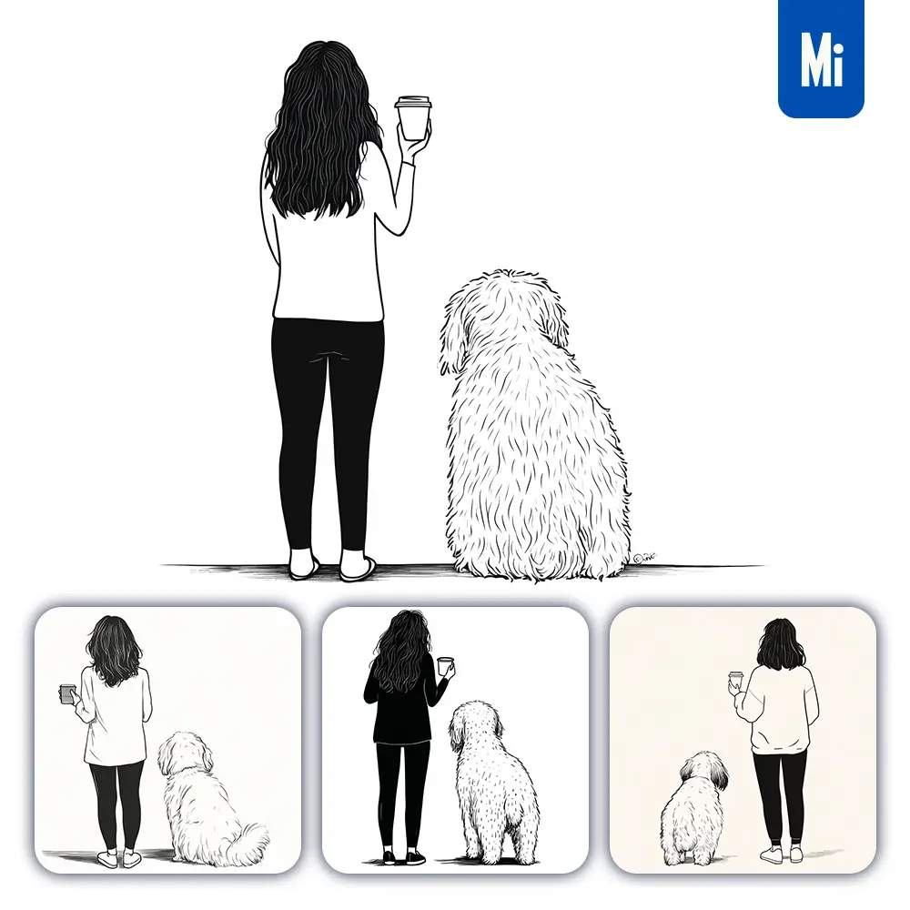 Midjourney Prompt Woman Girl Coffee Dog Back Black and White Drawing Lines Illustration