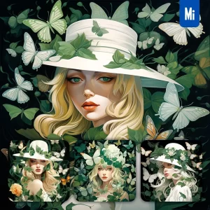 Midjourney Prompt Woman Girl Female Blonde Hat Butterfly Leaves Portrait Painting Illustration
