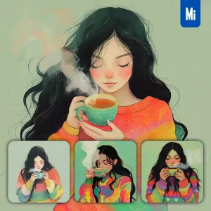 Midjourney Prompt Woman Girl Female Tea Cup Colorful Drinking Drawing Illustration