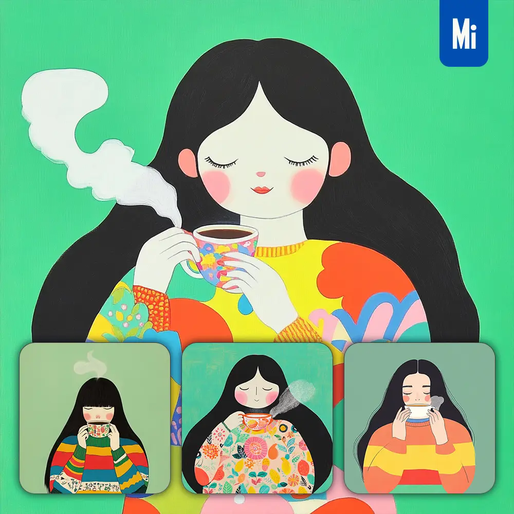 Midjourney Prompt Woman Girl Female Tea Cup Colorful Drinking Drawing Illustration Graphic Design
