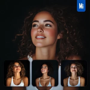 Midjourney Prompt Young Girl Woman Female Curly Hair White Tank Top Smiling Smile Looking Black Portrait Photography