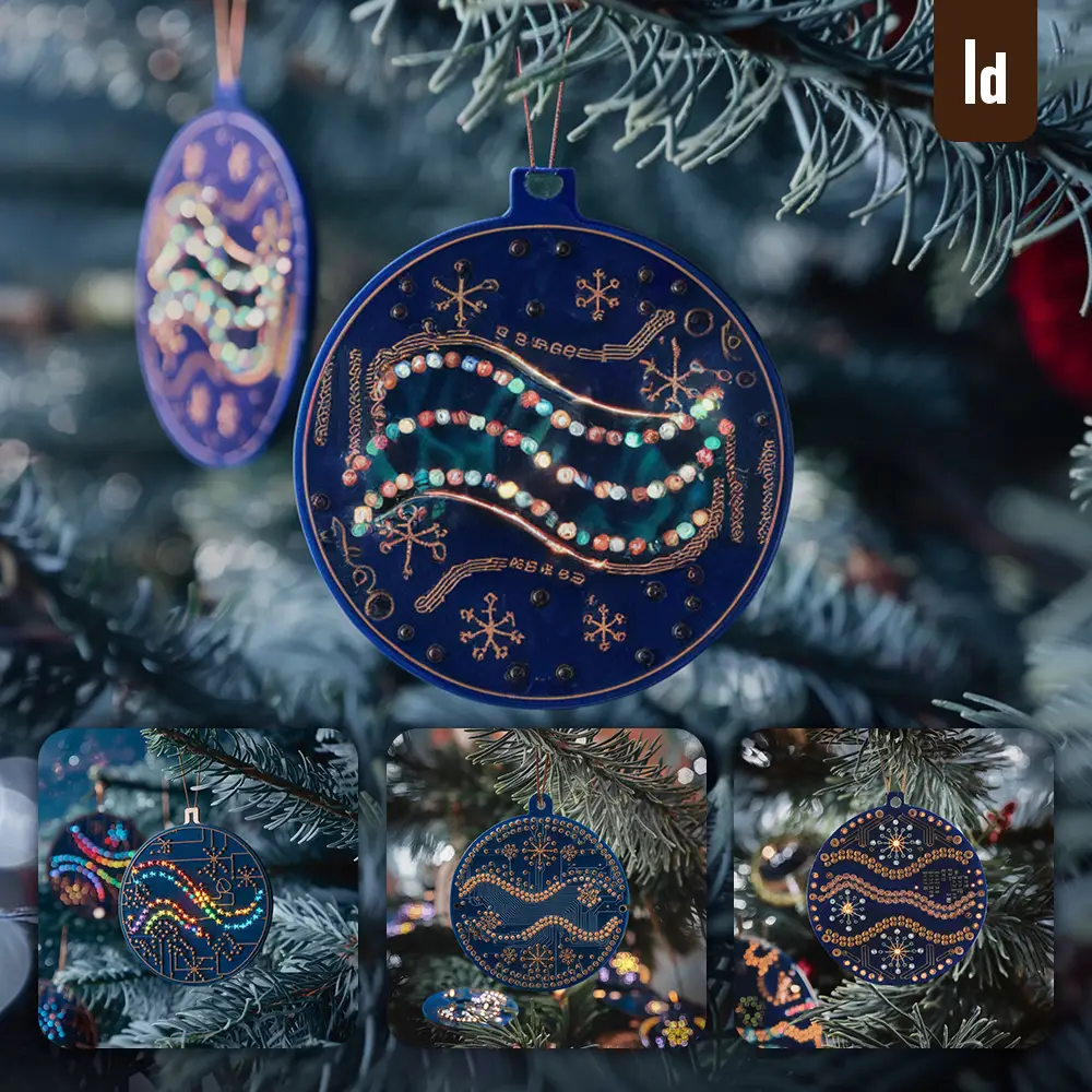 Ideogram Prompt PCB Merry Christmas Ornament Snowflake Picea Spruce Tree Branch Circle Photography