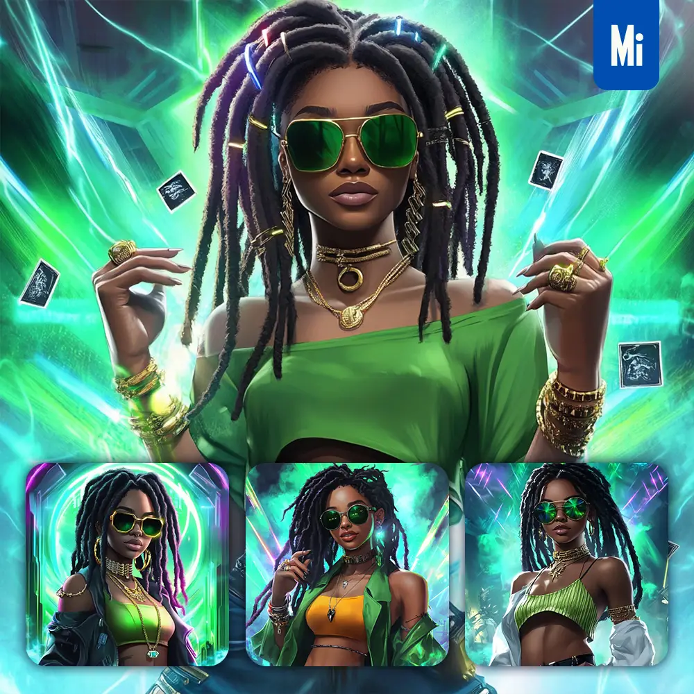 Midjourney Prompt African Woman Dreadlocks Girl Female Fluorescent Neon Green Lady Hair Portrait Cartoon Illustration