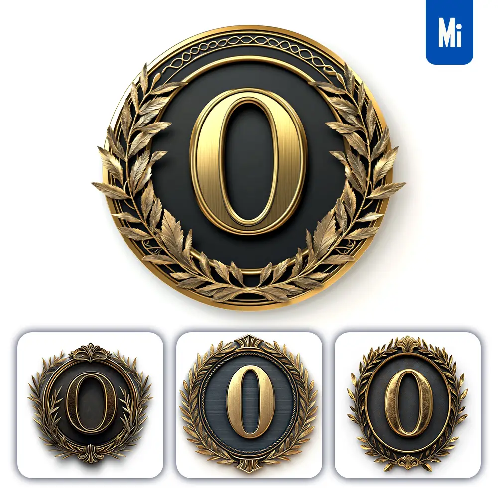 Midjourney Prompt 0 Number Badge Gold Coin Golden Dark Olive Branches Round Metal 3D Rendering