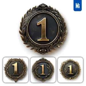 Midjourney Prompt 1 Number Badge Gold Coin Golden Dark Olive Branches Round Metal 3D Rendering