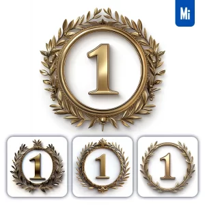 Midjourney Prompt 1 Number Badge Logo Gold Golden Dark Olive Branches Round Ring Hollow White Metal 3D Rendering