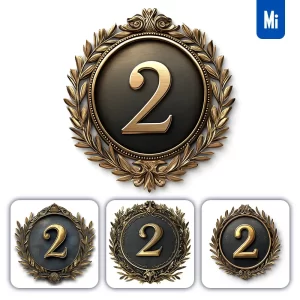 Midjourney Prompt 2 Number Badge Gold Coin Golden Dark Olive Branches Round Metal 3D Rendering