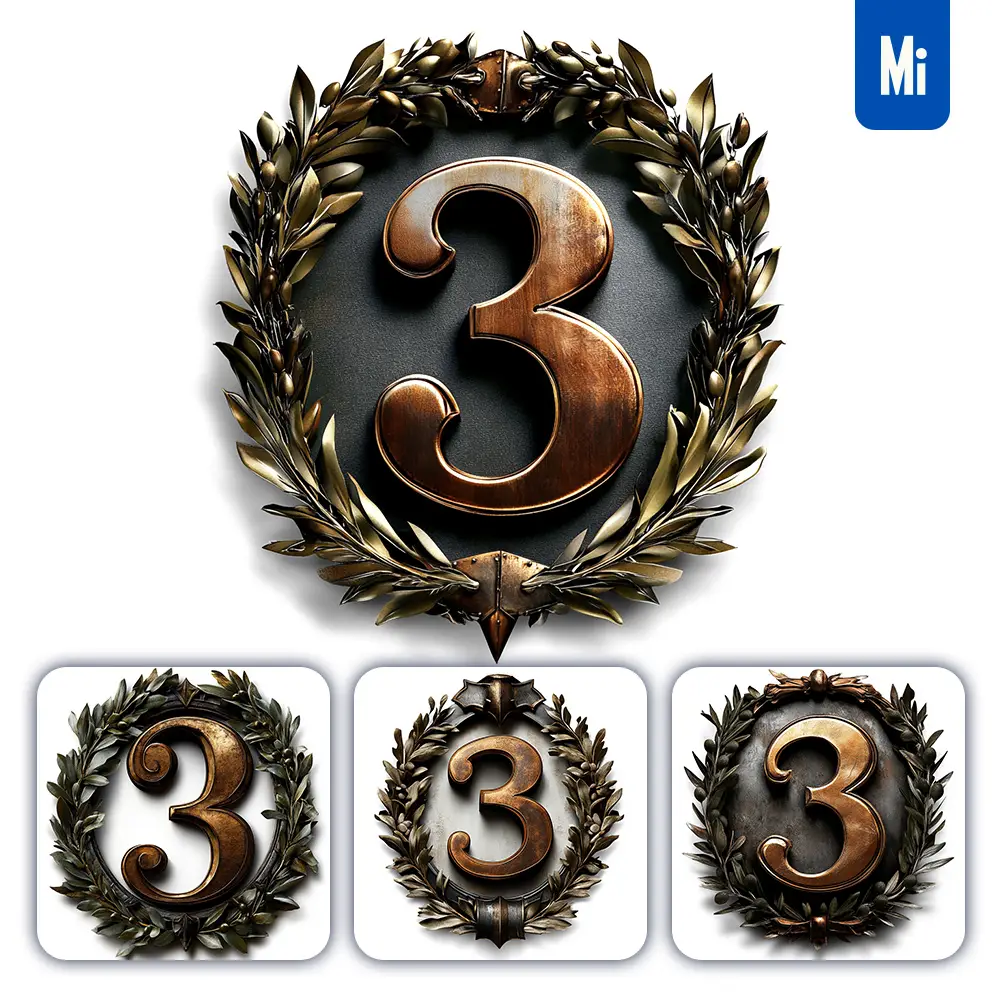 Midjourney Prompt 3 Number Logo Retro 3D Rendering Dark Gold Golden Metal