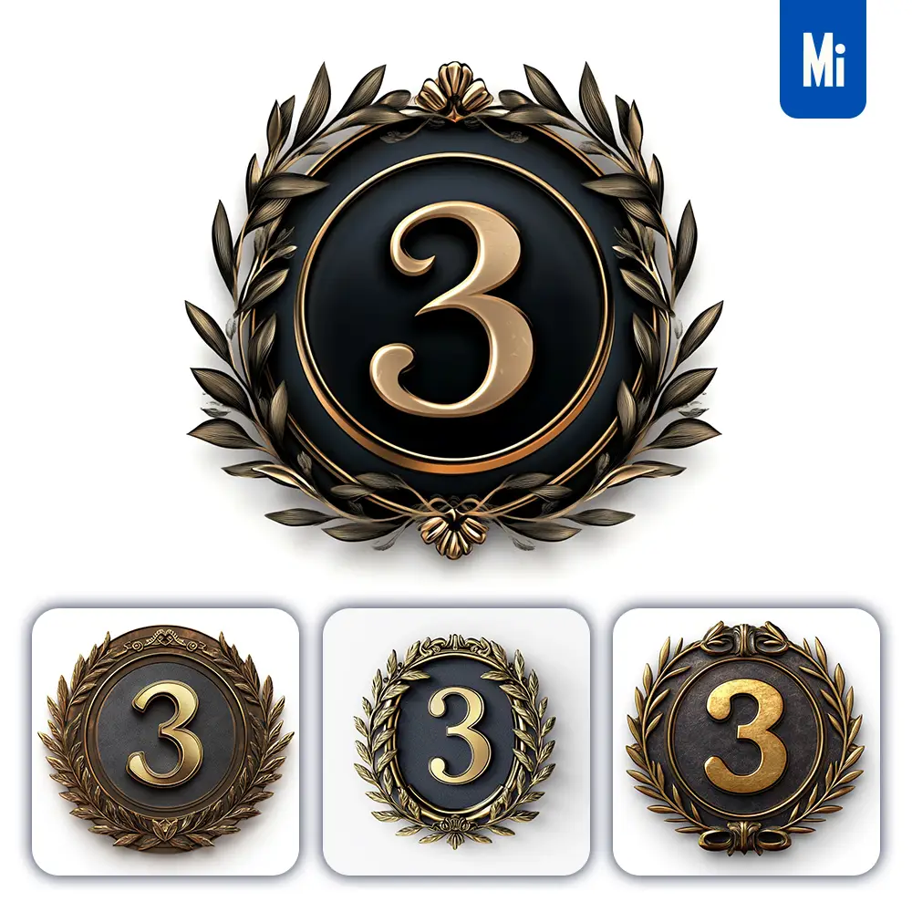 Midjourney Prompt 3 Number Badge Gold Coin Golden Dark Olive Branches Round Metal 3D Rendering