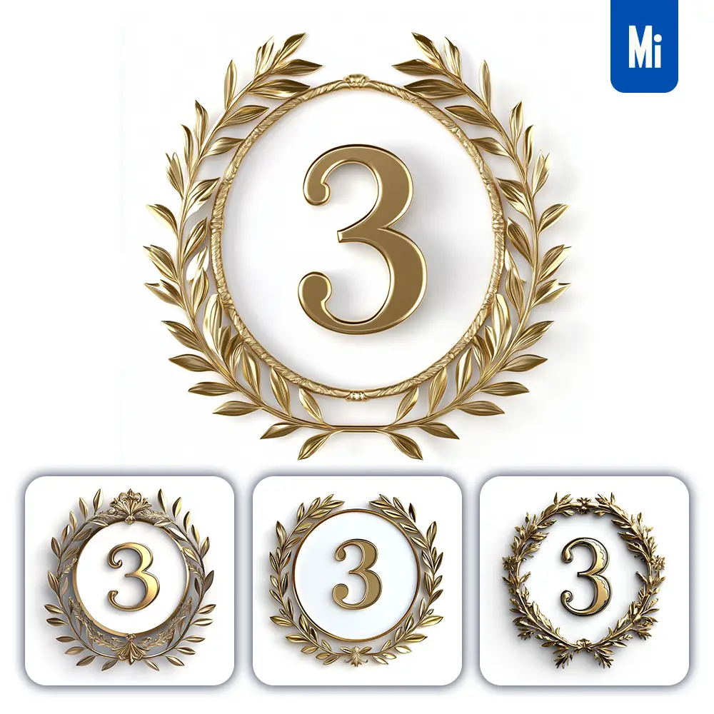 Midjourney Prompt 3 Number Badge Logo Gold Golden Dark Olive Branches Round Ring Hollow White Metal 3D Rendering
