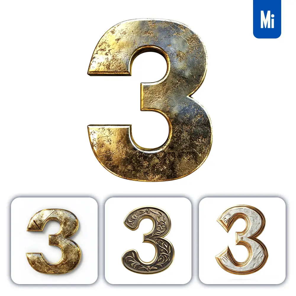 Midjourney Prompt 3 Number Logo 3D Rendering Gold Golden Metal