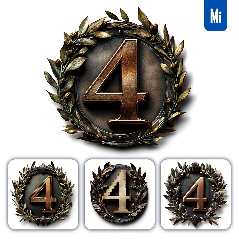 Midjourney Prompt 4 Number Logo Retro 3D Rendering Dark Gold Golden Metal