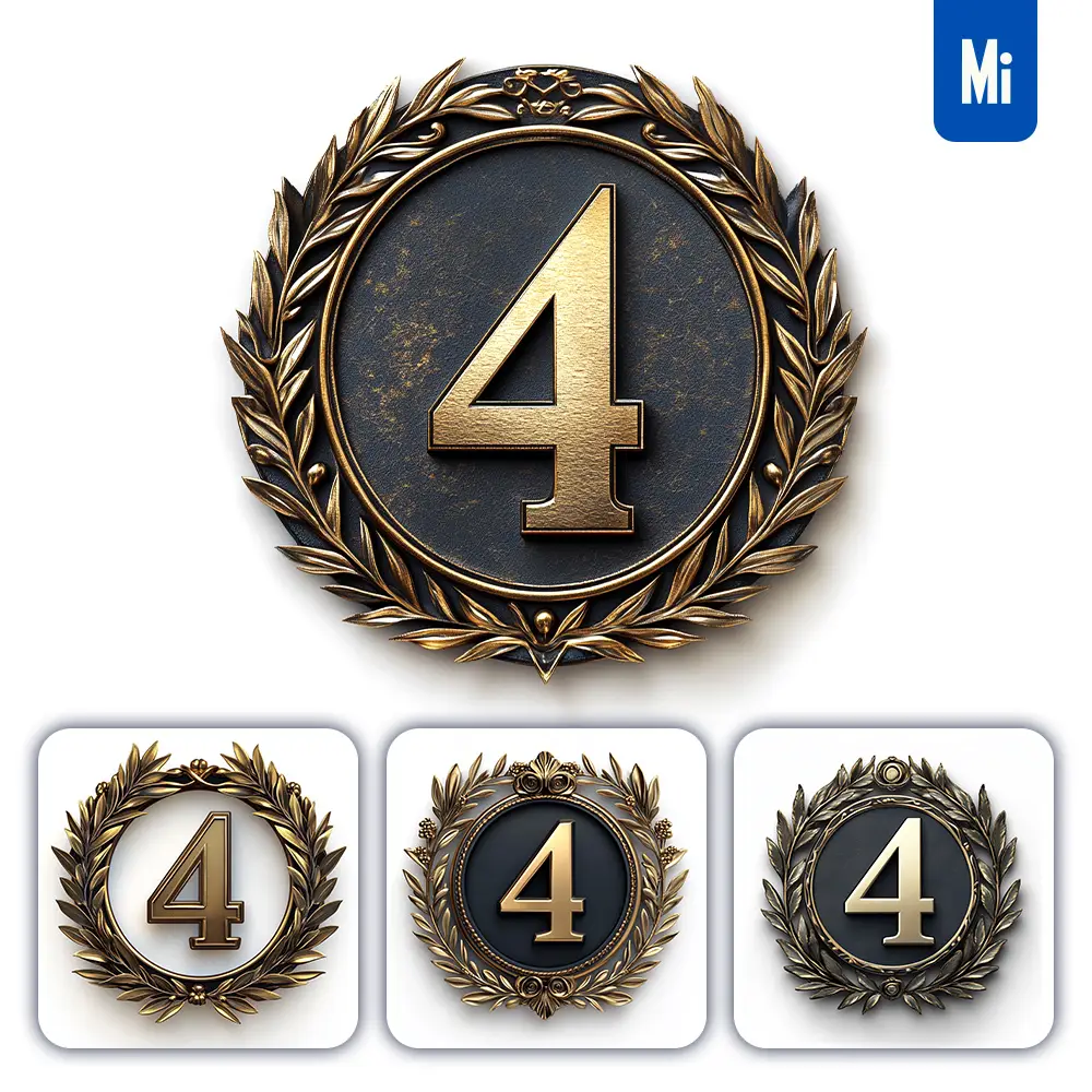 Midjourney Prompt 4 Number Badge Gold Coin Golden Dark Olive Branches Round Metal 3D Rendering