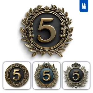 Midjourney Prompt 5 Number Badge Gold Coin Golden Dark Olive Branches Round Metal 3D Rendering