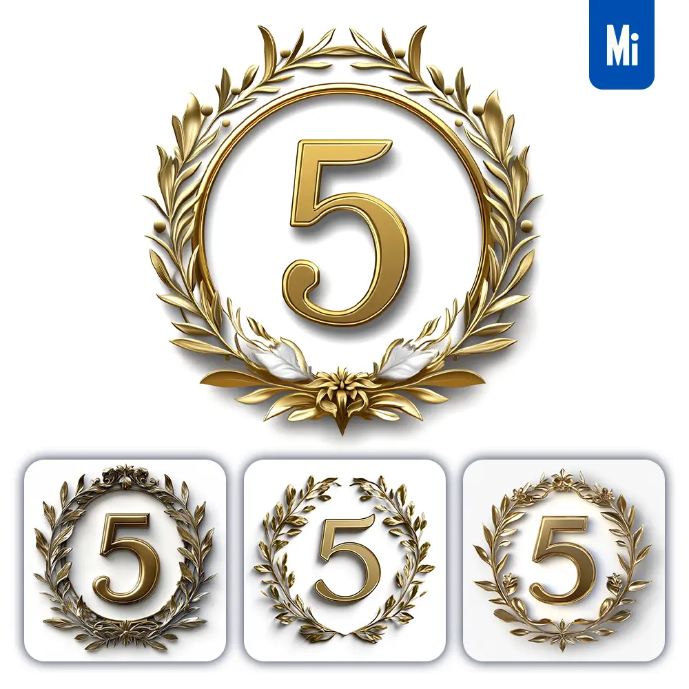 Midjourney Prompt 5 Number Badge Gold Golden Dark Olive Branches Round Ring Hollow White Metal 3D Rendering