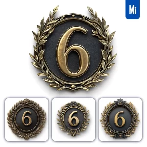 Midjourney Prompt 6 Number Badge Gold Coin Golden Dark Olive Branches Round Metal 3D Rendering