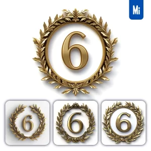 Midjourney Prompt 6 Number Badge Gold Golden Dark Olive Branches Round Ring Hollow White Metal 3D Rendering