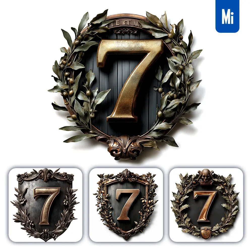 Midjourney Prompt 7 Number Logo Retro 3D Rendering Dark Gold Golden Metal