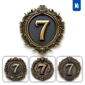 Midjourney Prompt 7 Number Badge Gold Coin Golden Dark Olive Branches Round Metal 3D Rendering