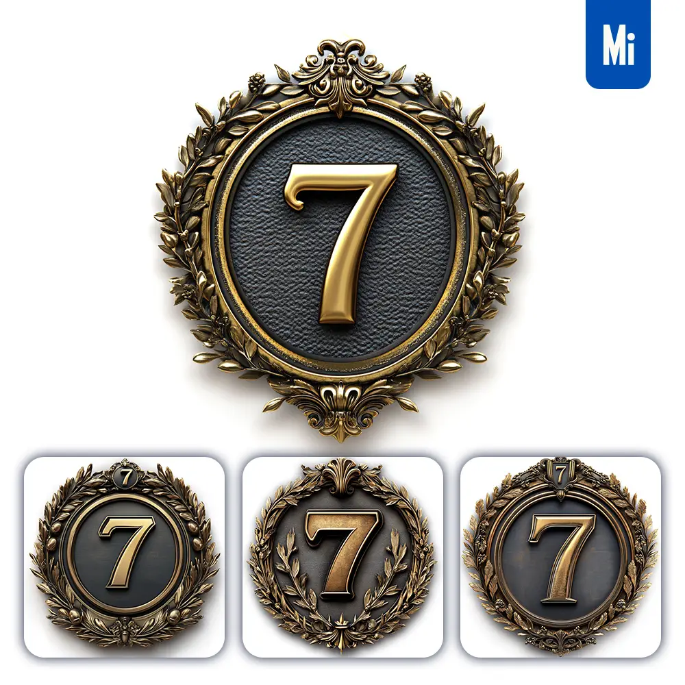 Midjourney Prompt 7 Number Badge Gold Coin Golden Dark Olive Branches Round Metal 3D Rendering