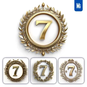 Midjourney Prompt 7 Number Badge Gold Golden Dark Olive Branches Round Ring Hollow White Metal 3D Rendering