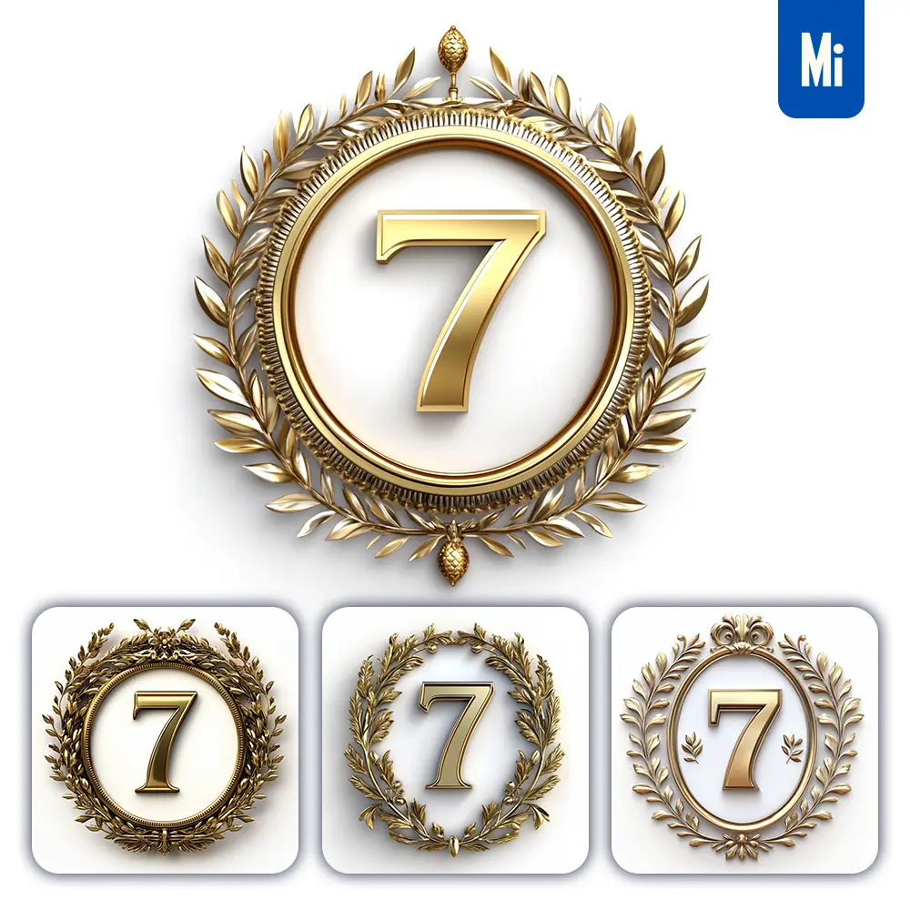 Midjourney Prompt 7 Number Badge Gold Golden Dark Olive Branches Round Ring Hollow White Metal 3D Rendering