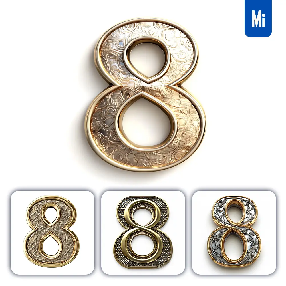 Midjourney Prompt 8 Number Logo 3D Rendering Gold Golden Metal
