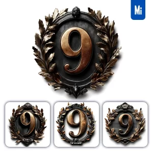 Midjourney Prompt 9 Number Logo Retro 3D Rendering Dark Gold Golden Metal