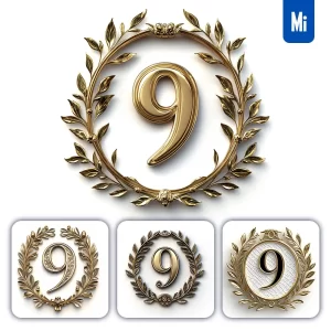 Midjourney Prompt 9 Number Badge Logo Gold Golden Dark Olive Branches Round Ring Hollow White Metal 3D Rendering