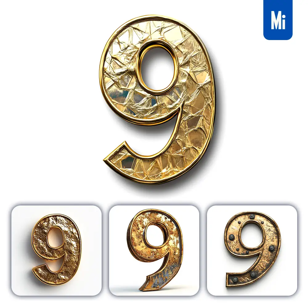Midjourney Prompt 9 Number Logo 3D Rendering Gold Golden Metal