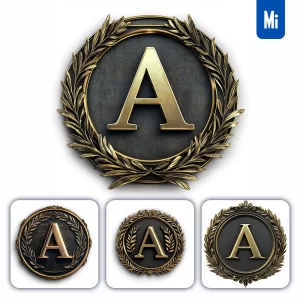 Midjourney Prompt a Letter Badge Gold Coin Golden Dark Olive Branches Round Metal 3D Rendering