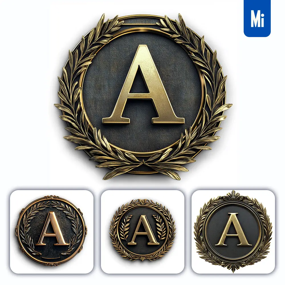 Midjourney Prompt a Letter Badge Gold Coin Golden Dark Olive Branches Round Metal 3D Rendering