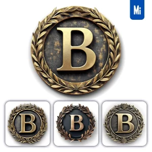 Midjourney Prompt B Letter Badge Gold Coin Golden Dark Olive Branches Round Metal 3D Rendering