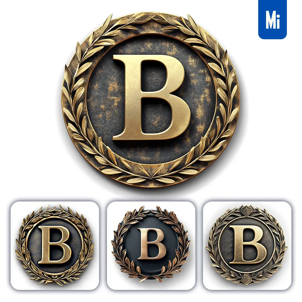 Midjourney Prompt B Letter Badge Gold Coin Golden Dark Olive Branches Round Metal 3D Rendering