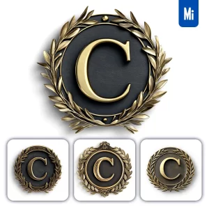 Midjourney Prompt C Letter Badge Gold Coin Golden Dark Olive Branches Round Metal 3D Rendering