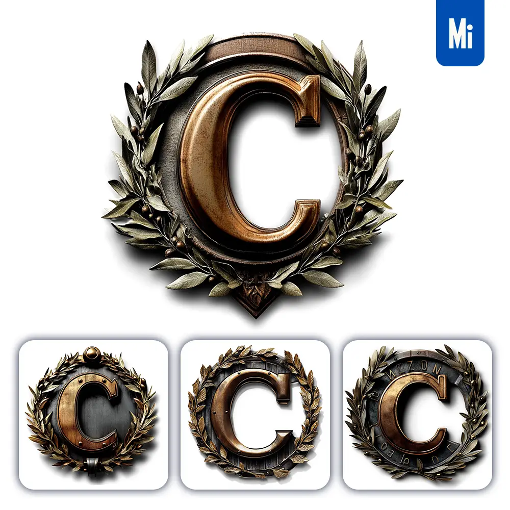 Midjourney Prompt C Letter Logo Retro 3D Rendering Dark Gold Golden Metal