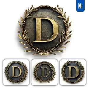 Midjourney Prompt D Letter Badge Gold Coin Golden Dark Olive Branches Round Metal 3D Rendering