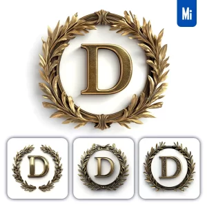 Midjourney Prompt D Letter Badge Logo Gold Golden Dark Olive Branches Round Ring Hollow White Metal 3D Rendering