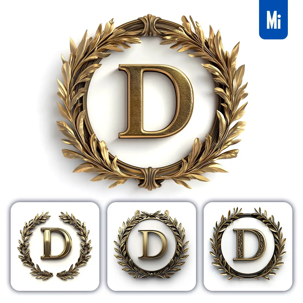 Midjourney Prompt D Letter Badge Logo Gold Golden Dark Olive Branches Round Ring Hollow White Metal 3D Rendering