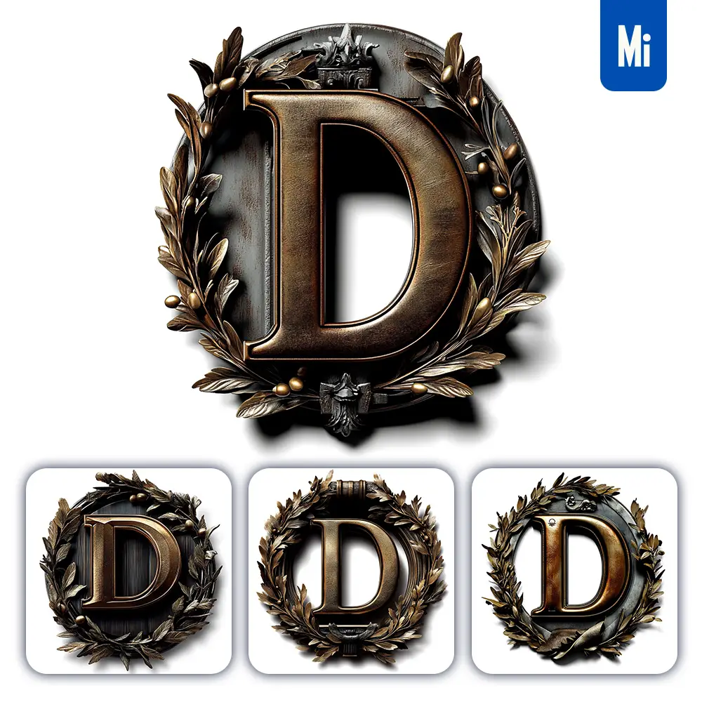 Midjourney Prompt D Letter Logo Retro 3D Rendering Dark Gold Golden Metal