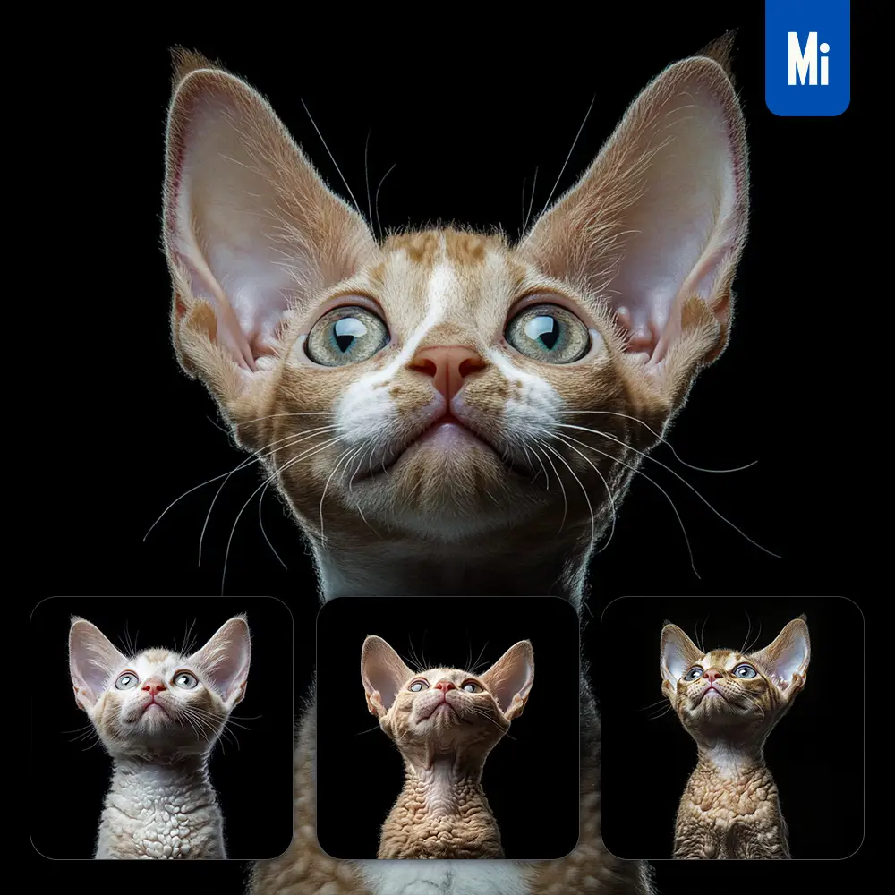 Midjourney Prompt Devon Rex Cat Kitten Head Face Front Look Up Portrait Photography